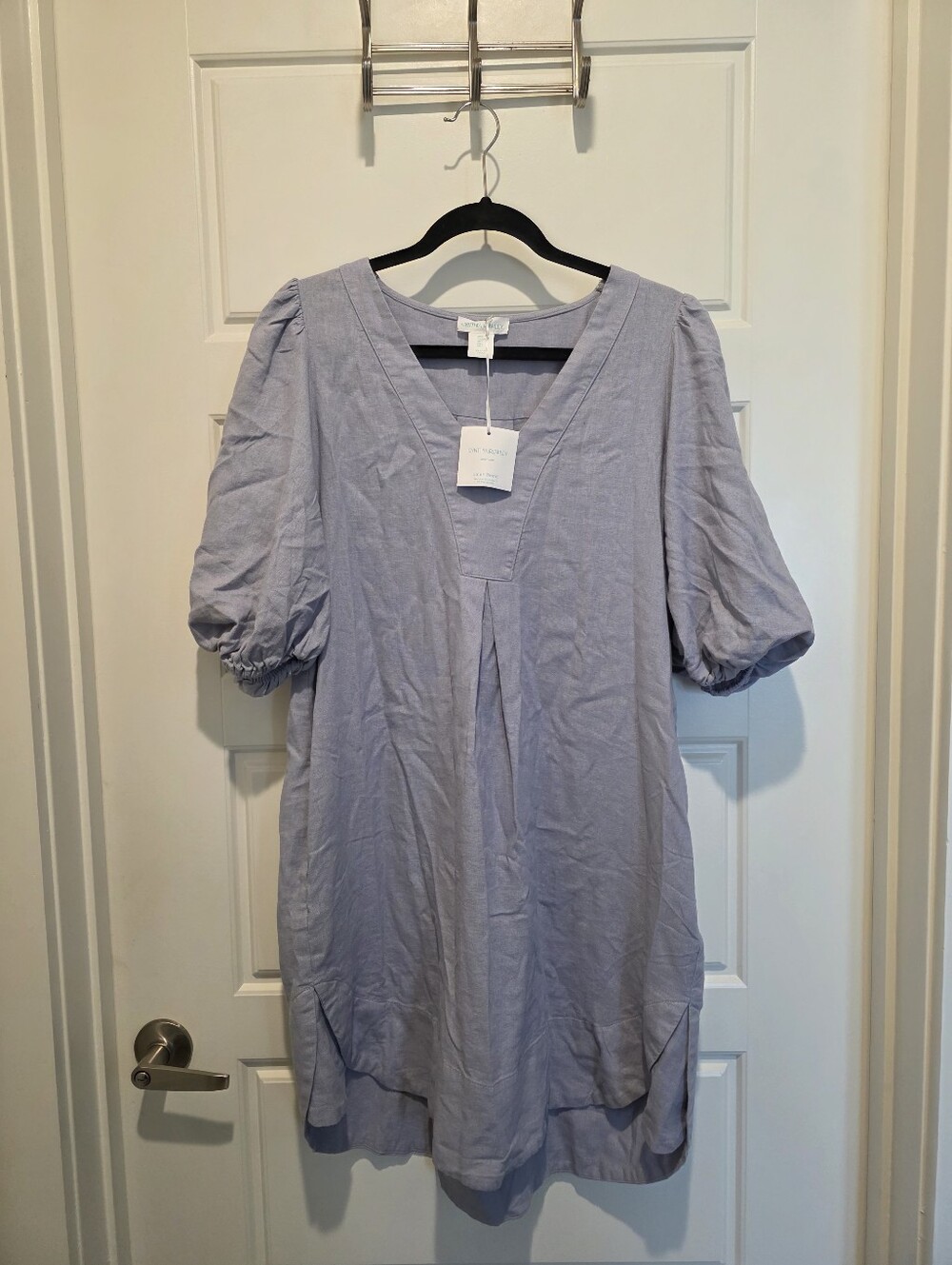 Cynthia Rowley Light Blue V-Neck Puff-Sleeve Linen Blend Dress